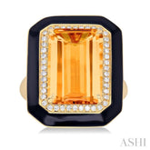 14x10 MM Emerald Cut Citrine and 1/5 Ctw Round Cut Diamond Halo & Black Enamel Border Semi-Precious Ring in 14K Yellow Gold